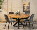 Combideal Lucille: ronde eettafel Mangohout 120 cm met 4 Lucille eetkamerstoelen - Stof perfect harmony - Petrol