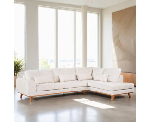 Hoekbank Avelon Rechts By-Olaf – Stof Loris Champagne – Houten Poten – 3-zits met hoek links – 292 x 202 cm