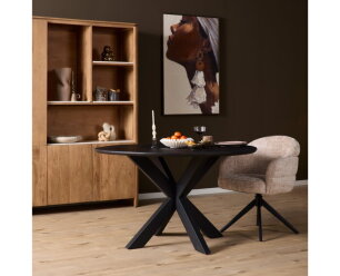 Eiken eettafel Ferris rond &Oslash;130 cm &ndash; Massief Europees eiken - metalen kruispoot - Zwart