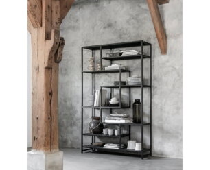 Bookrack Harmony,190x120x35 cm, black powder coated frame with carlitto charcoal recycled leather
