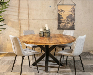 Combideal Lucille: ronde eettafel Mangohout 120 cm met 4 Lucille eetkamerstoelen - Stof perfect harmony - Lichtgrijs