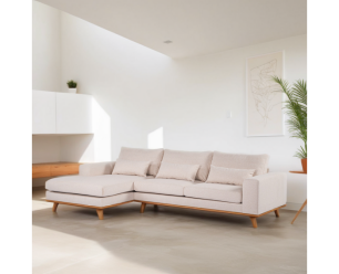 Hoekbank Elora Chaise Longue Links – Beige Stof – Houten Poten – 283 x 160 cm - By-Olaf