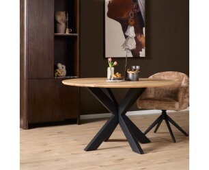 Eiken eettafel Ferris rond &Oslash;150 cm &ndash; Massief Europees eiken - metalen kruispoot - Naturel