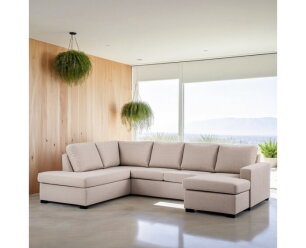 U-bank Eleven Links By-Olaf – Stof Inari 22 Beige – Ruime 3-zits met extra loungegedeelte – 285 x 199 cm