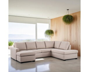 U-bank Eleven rechts By-Olaf – Stof Inari 22 Beige – Ruime 3-zits met extra loungegedeelte – 285 x 199 cm