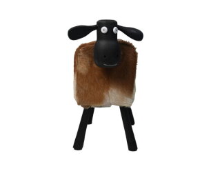 Schaap Shawn groot - 58x34x62 - Wit/bruin/zwart - Teak/geitenhuid