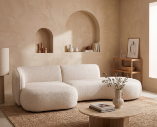 Organische hoekbank Valerie Boucl&eacute; met chaise longue links - 276x150x75 cm - Japandi - Beige