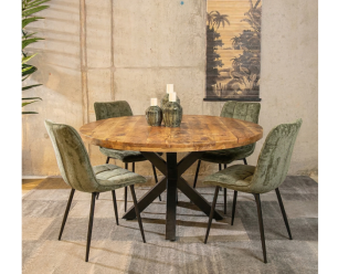 Combideal Lucille: ronde eettafel Mangohout 120 cm met 4 Lucille eetkamerstoelen - Stof perfect harmony - Groen