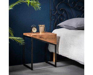 Design driehoekskastje acaciahout+metaal,set van 2 naast bed
