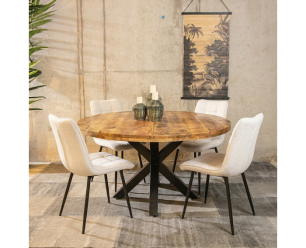 Combideal Lucille: ronde eettafel Mangohout 120 cm met 4 Lucille eetkamerstoelen - Stof perfect harmony - Beige