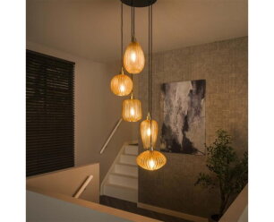 Hanglamp 5L V-shape pattern getrapt - Amber color glas