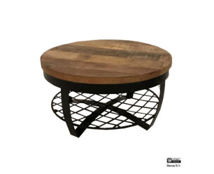 Iron Round Coffee Table Wooden top & Iron Shelf at base 65 Iron Stand Black Finish & Wood Natural Finish