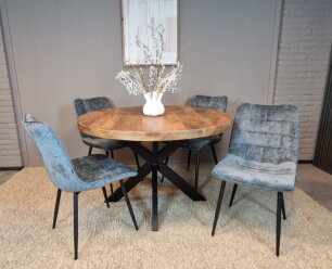 Combideal Leonardo: ronde eettafel Mangohout 120 cm met 4 Leonardo eetkamerstoelen - Stof perfect harmony - Petrol