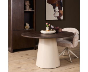 Eettafel Madison rond mangohout bruin - beige kolompoot - 130x130x76 cm