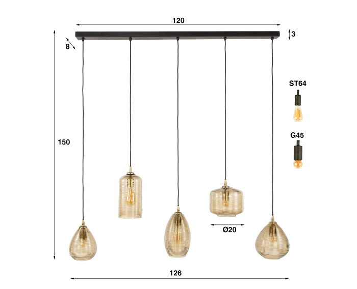 Hanglamp 5L Stripe Glass Horizontal - Smoke Brown