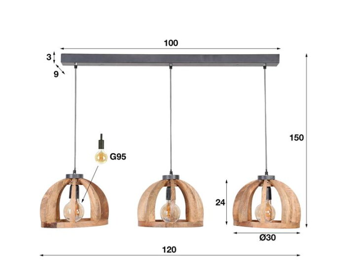 Hanglamp 3x Ø30 gebogen houten spijlen - Massief mango naturel