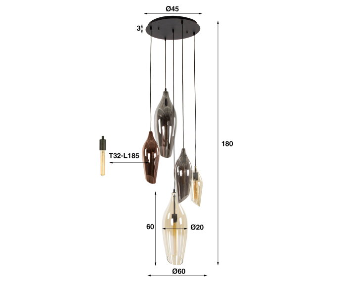 Hanglamp Cocoon getrapt mix glass 5 lampen - Zwart