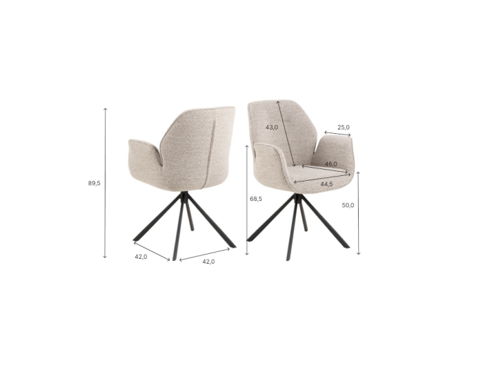 HSM Collection-Eetkamerstoel Nora + Armleuning-91x61x59-Zand/Zwart-Stof/Metaal