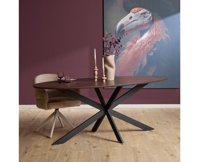 Eiken eettafel Ferris Ovaal 280x120 cm &ndash; Massief Europees eiken - metalen kruispoot - Bruin