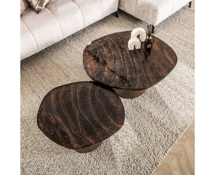 Salontafel Eclips set van 2 Glas - Koper antiek finish
