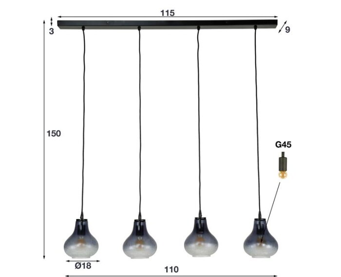Hanglamp 4L kegel glass - Grijs