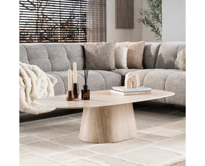 Salontafel Centurio Deens ovaal Travertin keramiek 135x70 cm - Beige
