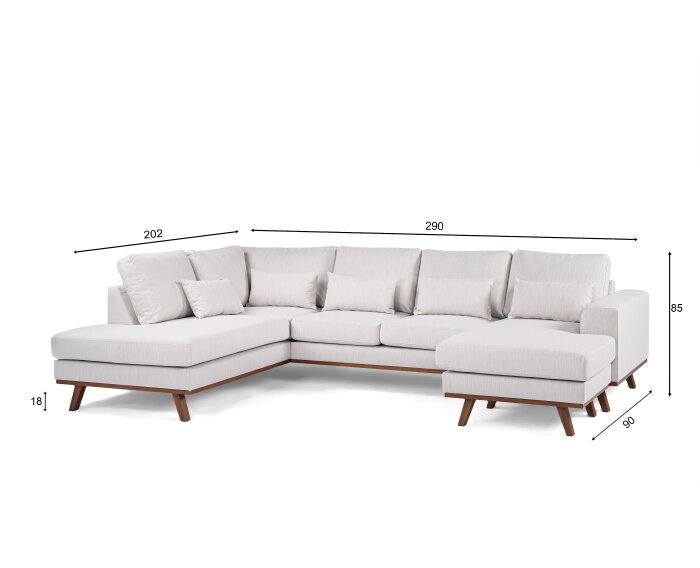 U-bank Borneo rechts Melva beige 3-zits met hoek en ottomaan 290 x 202 cm