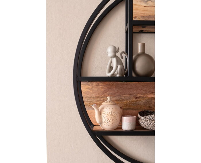 Wand decoratierek rond - Ø75x16 - Naturel/zwart - Mangohout/metaal