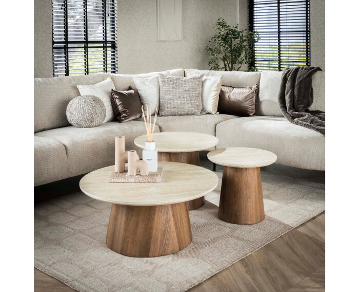 Salontafel travertin keramiek set van 3 rond - Japandi - 80x80x35 cm