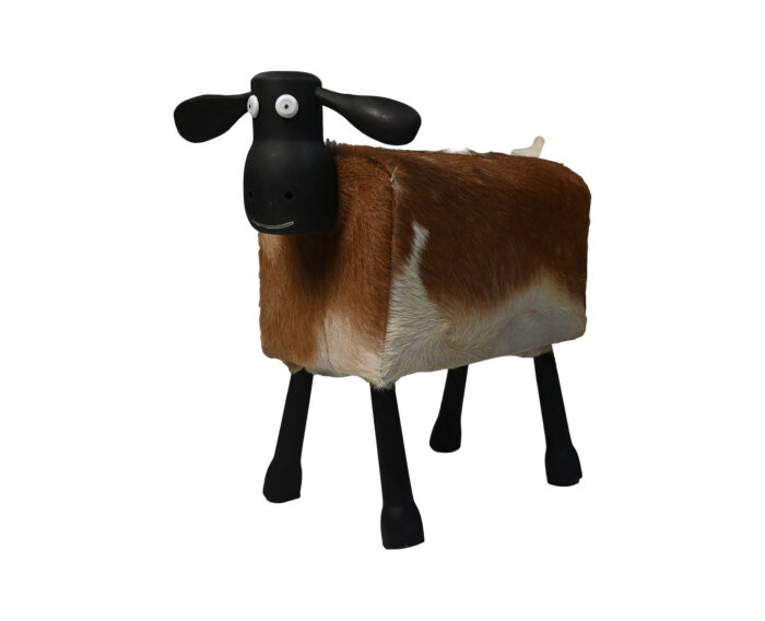 Schaap Shawn groot - 58x34x62 - Wit/bruin/zwart - Teak/geitenhuid