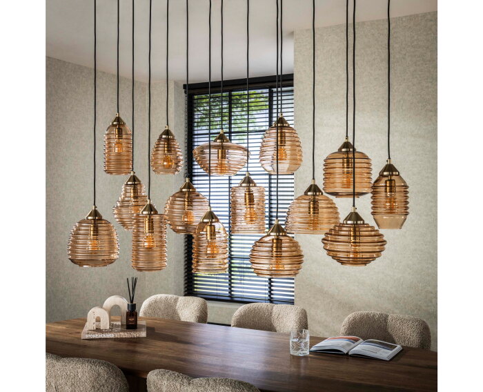 Hanglamp Rib Glass 15-lichts &ndash; Amber glas &ndash; Moderne designlamp met ribbelstructuur - 155x60x155 cm