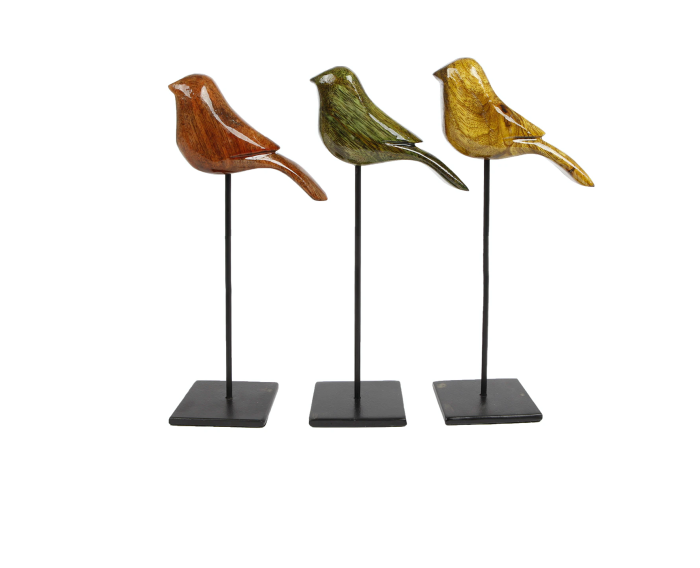 Houten decoratie vogel op metalen voet, bruin/groen/geel+glans!