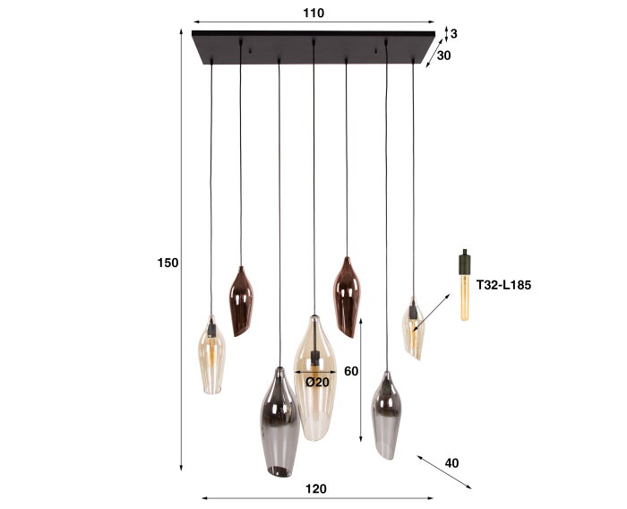Hanglamp Cocoon mix glass 7 lampen - Zwart