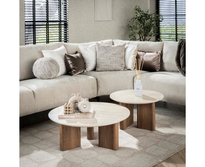 Salontafel travertin keramiek set van 2 rond - Japandi - 76x76x30 cm
