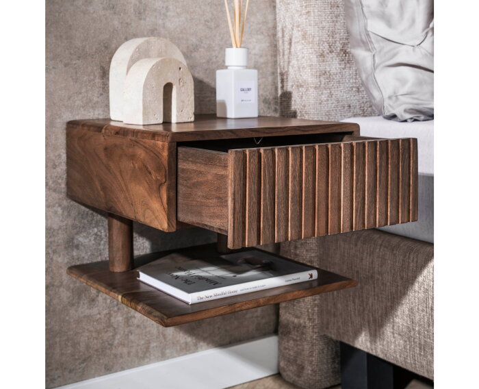 Nachtkastje 1L shelve Carve - Massief acacia drift brown