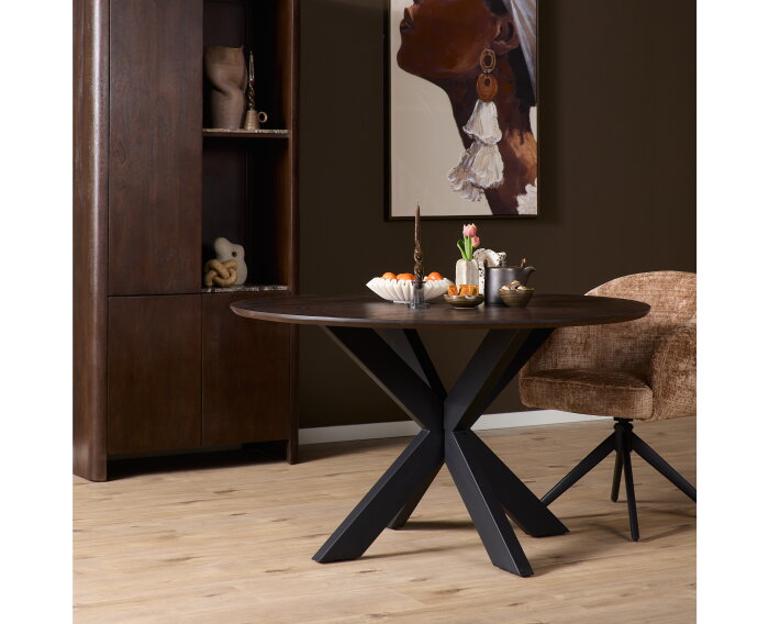 Eiken eettafel Ferris rond &Oslash;130x76 cm &ndash; Massief Europees eiken - zwarte spinpoot - Brown
