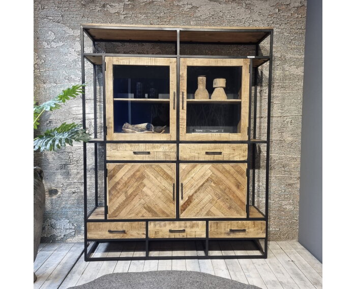 Vitrinekast Jax mangohout visgraat 160 cm - Naturel