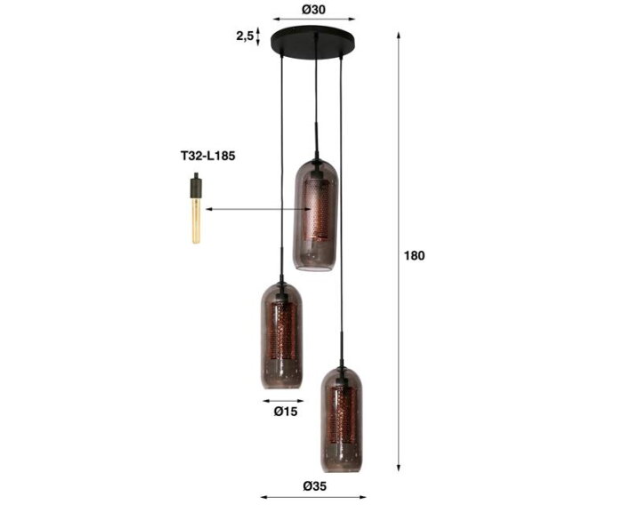 Hanglamp 3L getrapt smoke glas-geperforeerd staal - Artic zwart