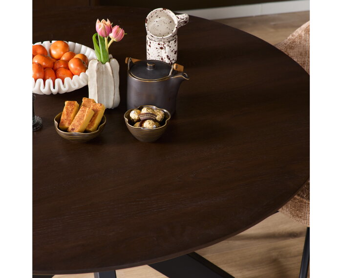 Eiken eettafel Ferris rond &Oslash;130x76 cm &ndash; Massief Europees eiken - zwarte spinpoot - Brown