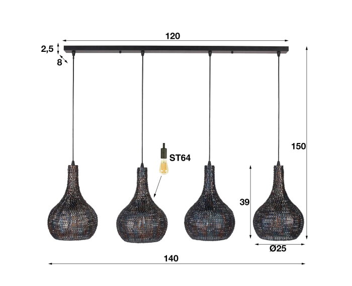Hanglamp Armor kegel 4- lichts - Zwart bruin
