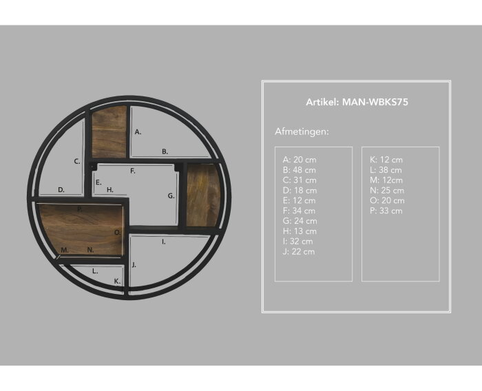 Wand decoratierek rond - Ø75x16 - Naturel/zwart - Mangohout/metaal