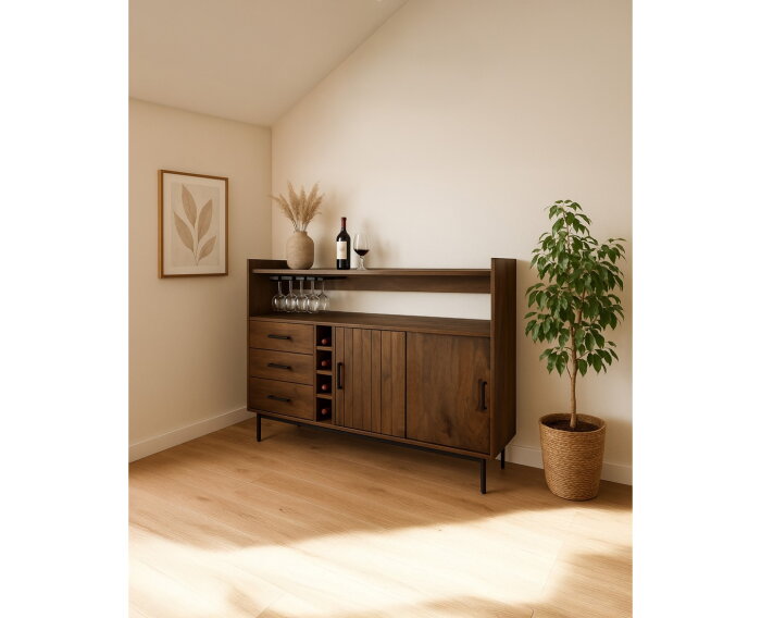 Barkast 160 met 2 schuifdeuren en 3 lades, Mango Brown Walnut - Vrystaat Collection