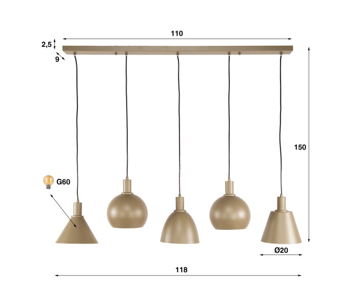 Hanglamp 5L mix Metallo - Beige
