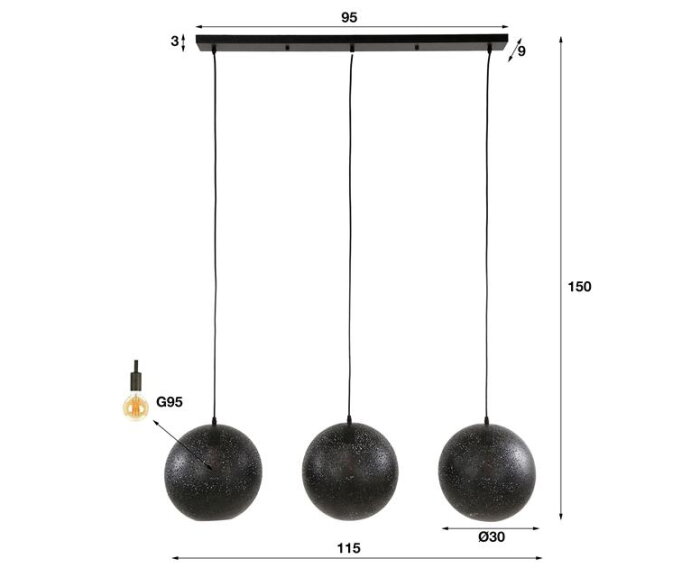 Hanglamp 3x Ø30 zip - Artic zwart