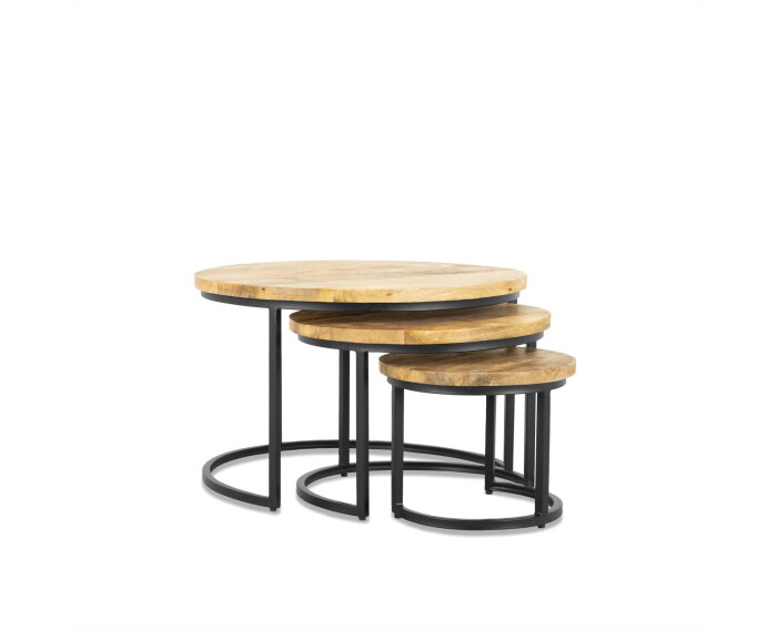 Iron Round Coffee Table (Set of 3) 77/58/42 Iron Stand Black, Wood Natural Finish