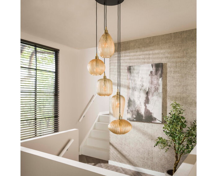 Hanglamp 5L V-shape pattern getrapt - Amber color glas