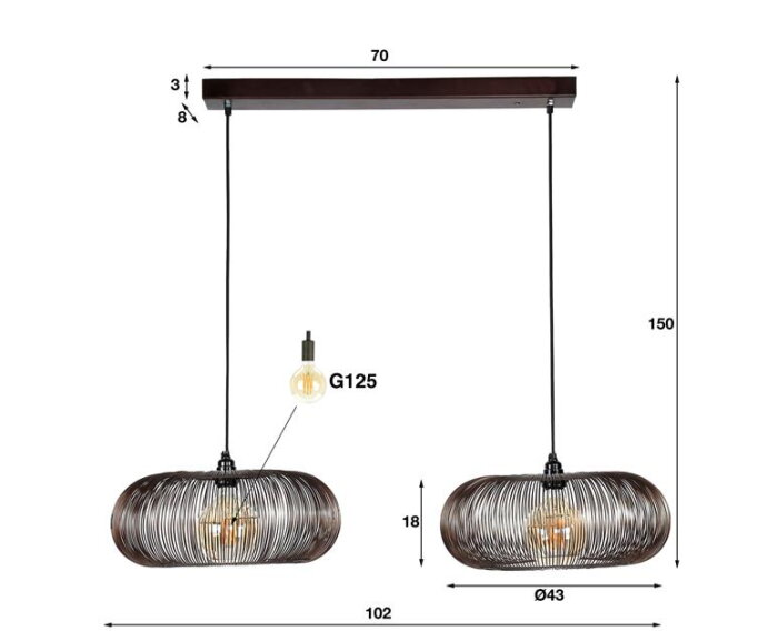 Hanglamp 2x Ø43 disk wire copper twist - Zwart nikkel