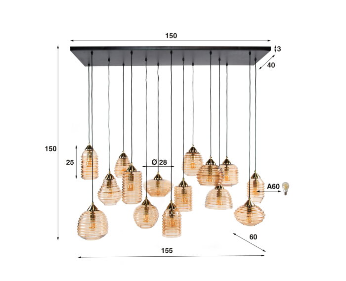 Hanglamp Rib Glass 15-lichts &ndash; Amber glas &ndash; Moderne designlamp met ribbelstructuur - 155x60x155 cm