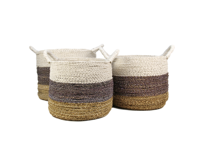 Mandenset Malibu - naturel/paars/wit - raffia/zeegras - set van 3