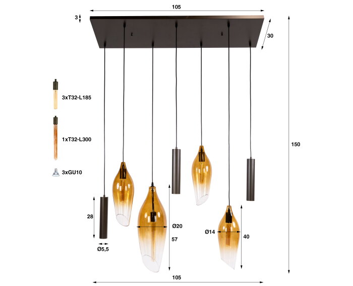 Hanglamp Cocoon Pendel 7 Lampen - Shaded - Hotel chique design - 105x30x150 cm